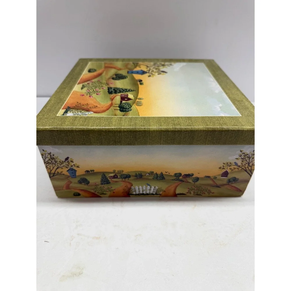 Folk Art Pastoral Landscape Decorative Storage Box Green Country Scene Barn